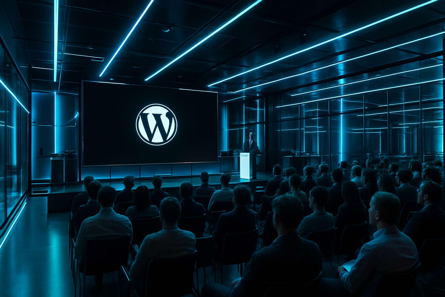 Salle de conférence high-tech lors d’un WordCamp en France, ambiance LED bleu