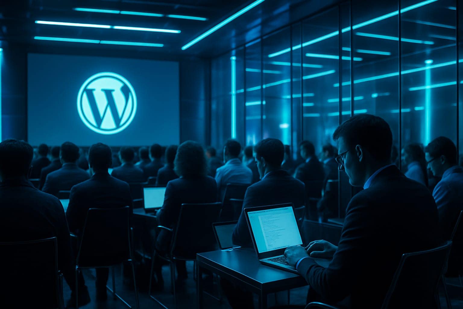Hall high-tech d’un événement WordPress international avec ambiance LED bleue