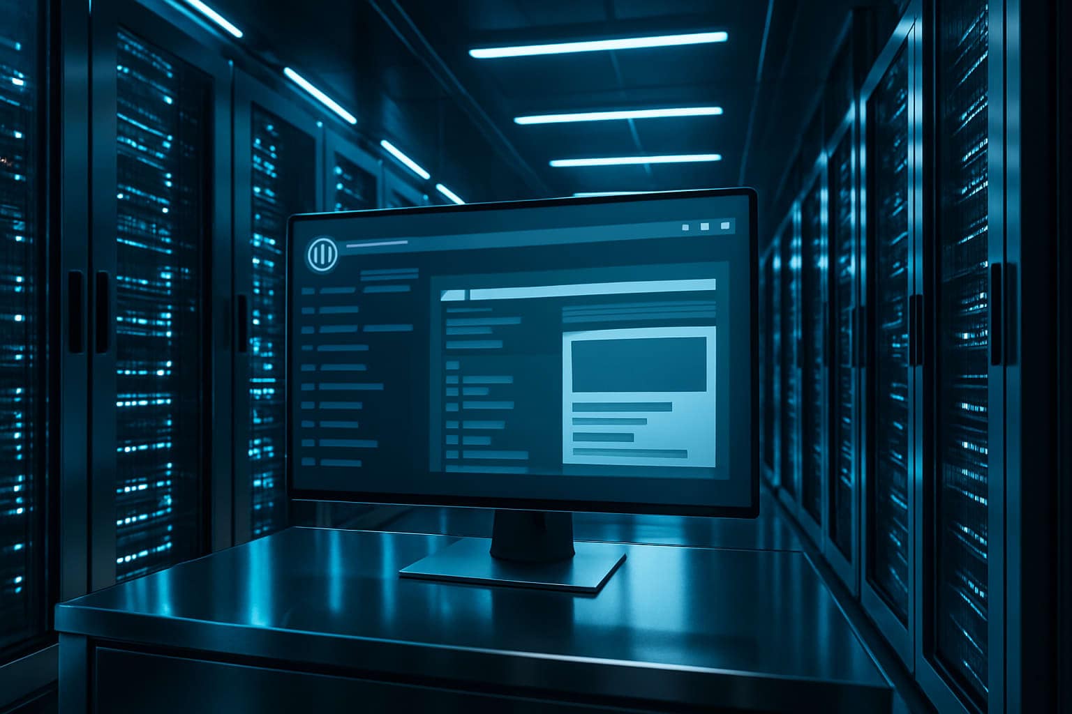 Data center high-tech illustrant l’hébergement WordPress IONOS