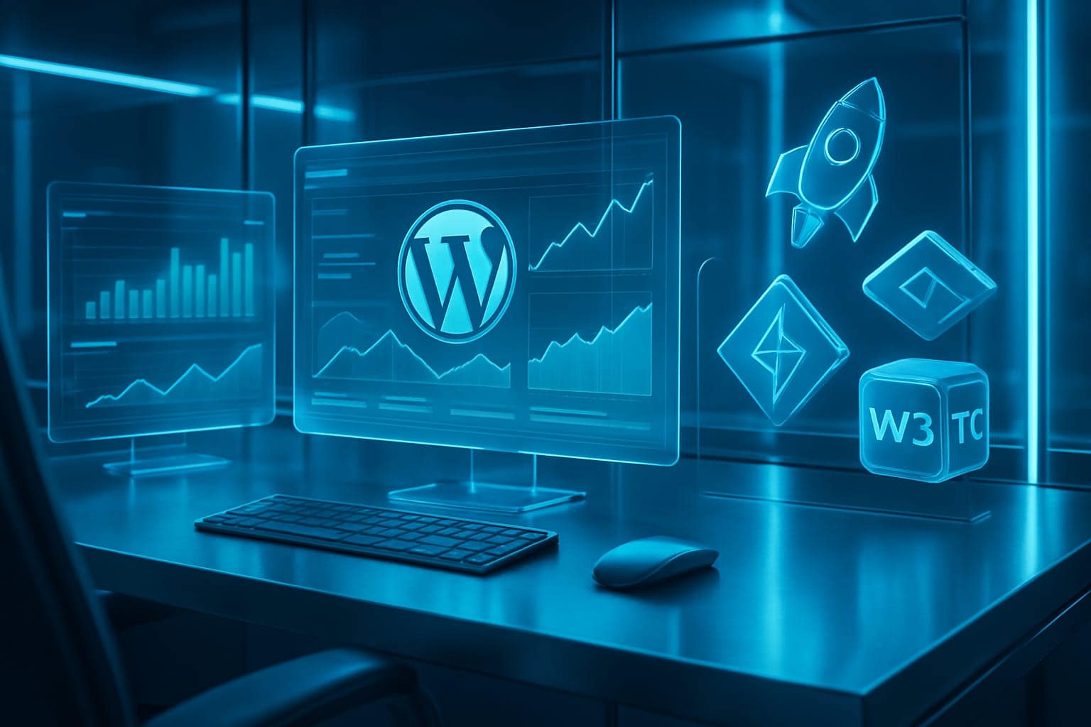 Illustration high-tech comparatif plugins cache WordPress 2025