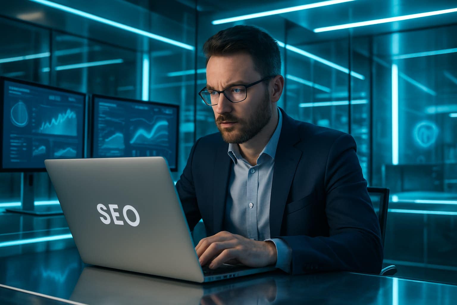 Consultant SEO utilisant Ubersuggest dans un bureau high-tech