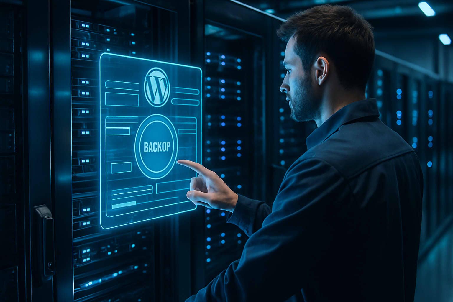 Serveur high-tech illustrant la sauvegarde et la restauration WordPress