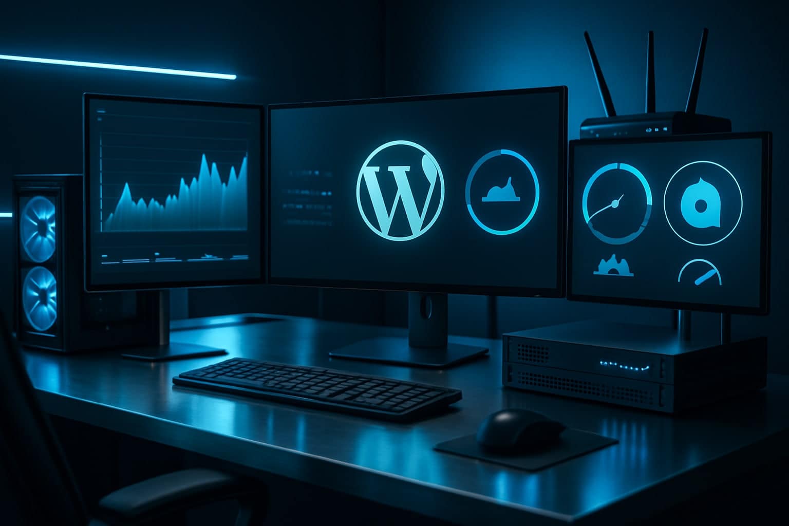 Comparatif des plugins de cache WordPress pour booster Core Web Vitals en 2025 – visuel high-tech LED bleu