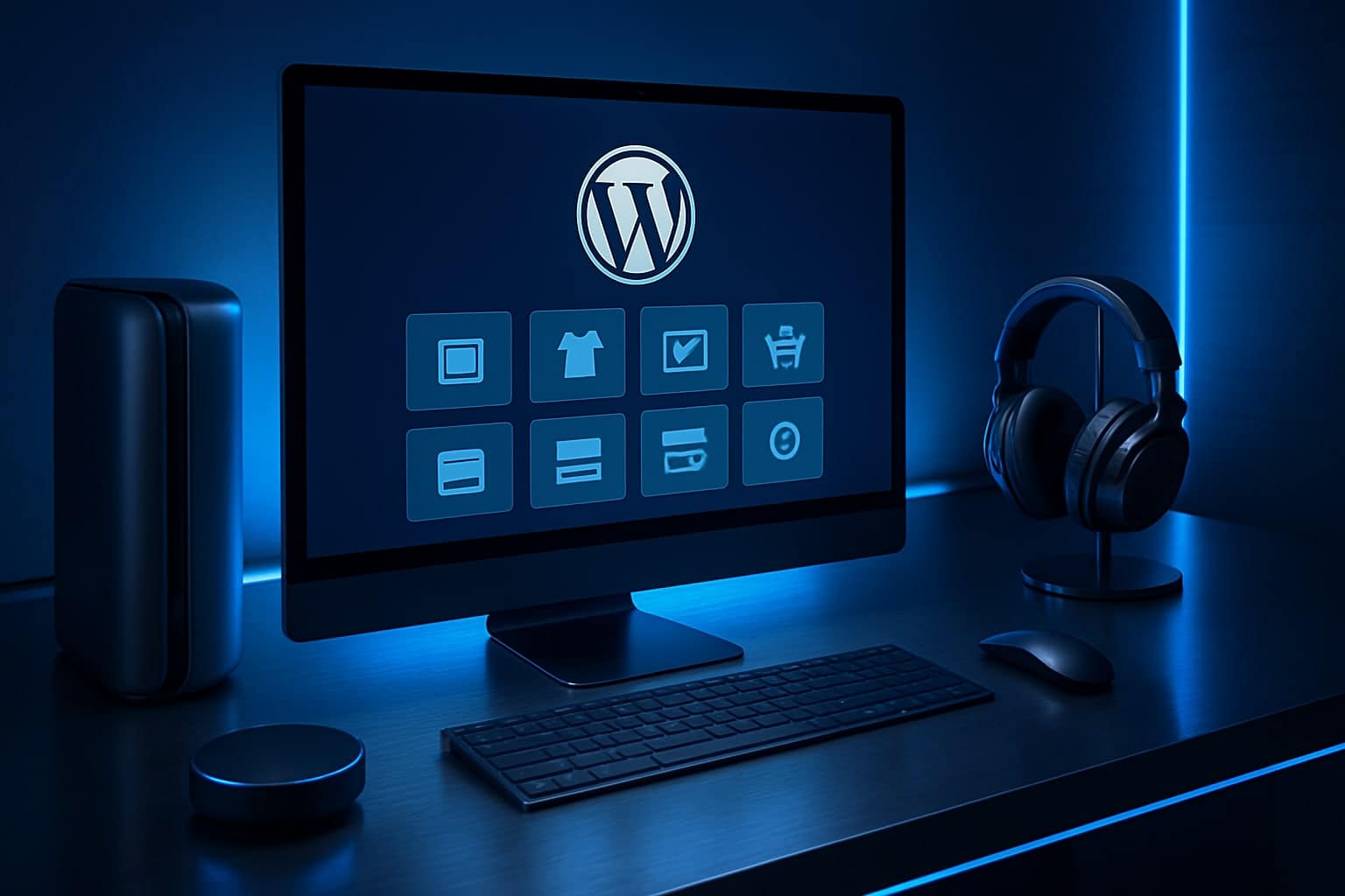Interface WooCommerce sous le thème Blocksy dans un environnement high-tech LED bleu