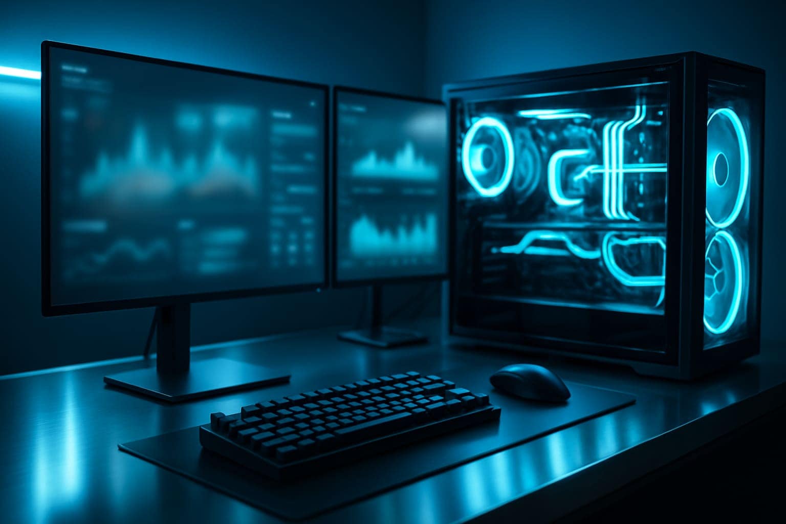 Comparatif 2025 des plugins de cache WordPress: WP Rocket, LiteSpeed Cache et W3 Total Cache – setup high-tech LED bleu