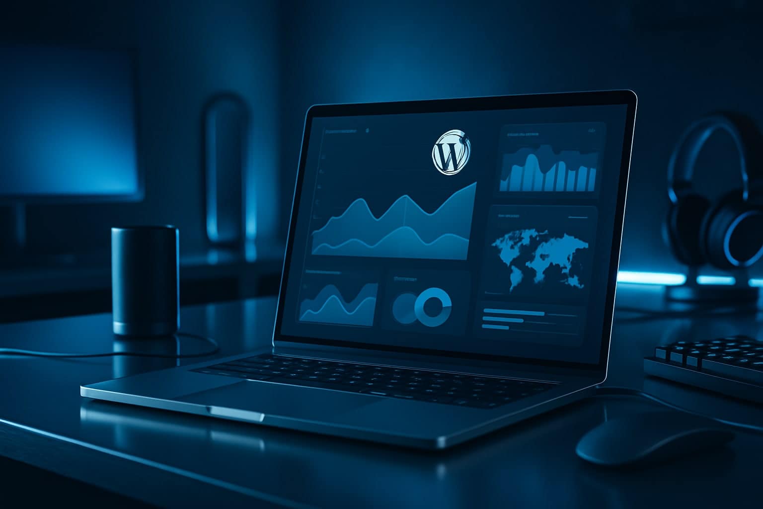 Bureau high‑tech avec tableau de bord abonnements WooCommerce et paiements récurrents