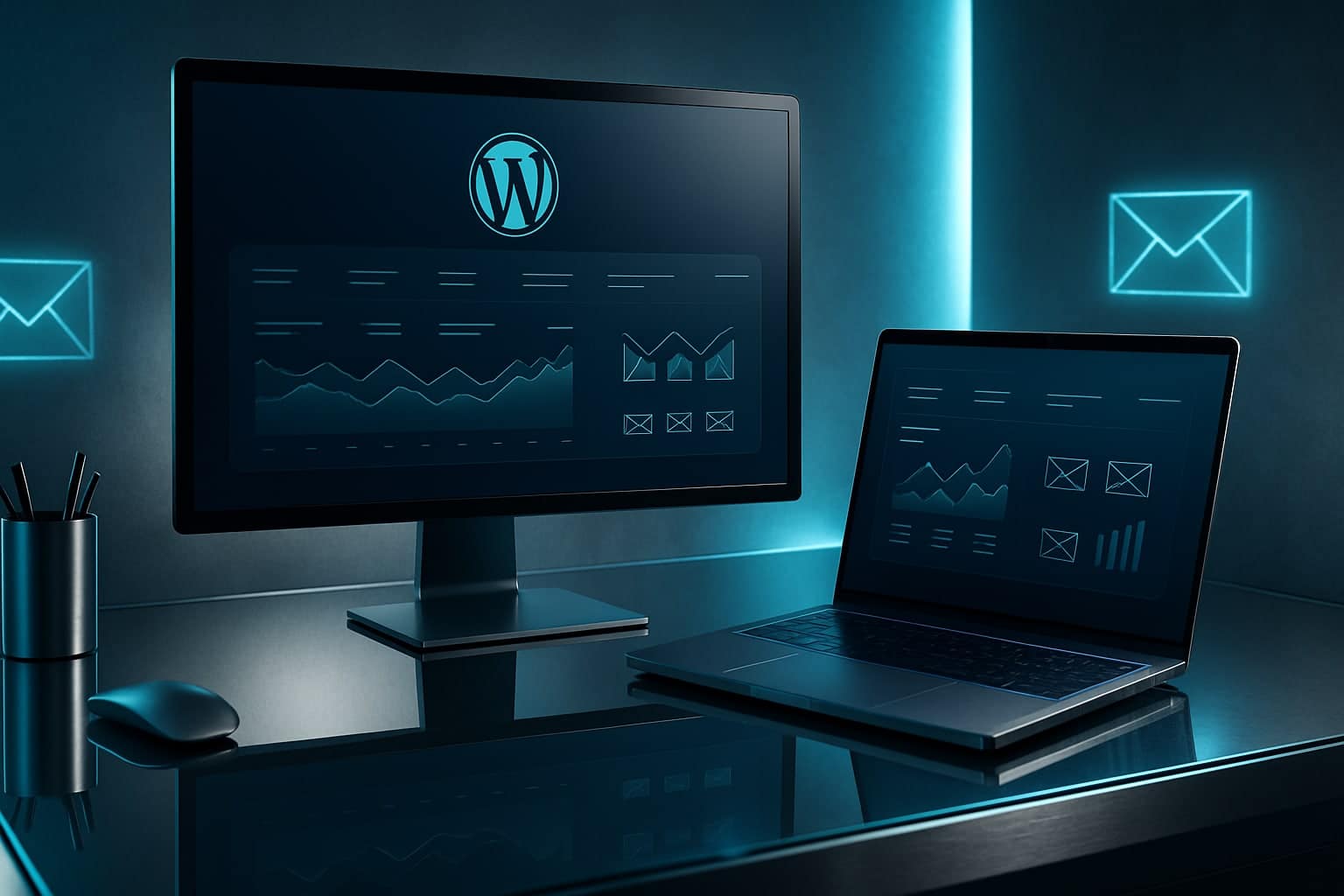 bureau high-tech bleu avec plugins de mailing WordPress en 2025