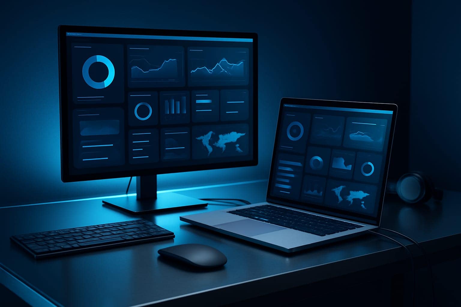 Tableau de bord WordPress moderne sur double écran LED bleu interface d’administration high-tech