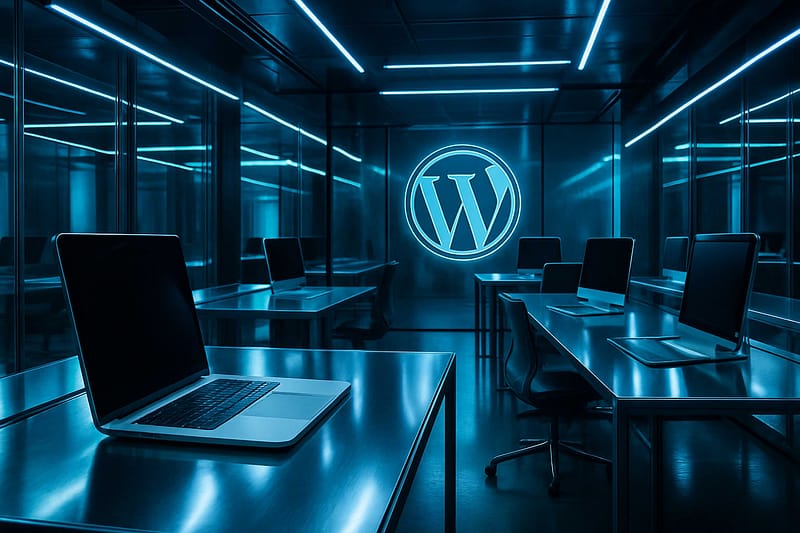 Espace high-tech aux couleurs WordPress illustrant la communauté de l’association WordPress France