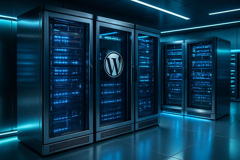 Salle serveur high-tech illustrant l’hébergement web WordPress