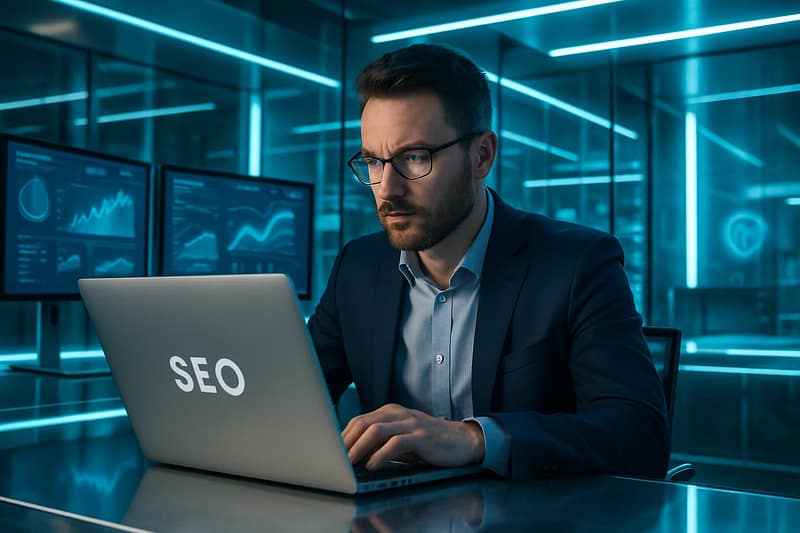 Consultant SEO utilisant Ubersuggest dans un bureau high-tech