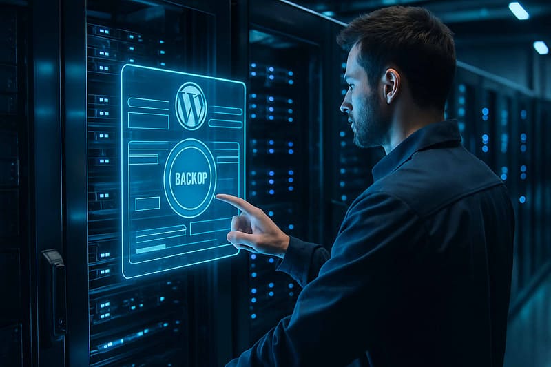 Serveur high-tech illustrant la sauvegarde et la restauration WordPress