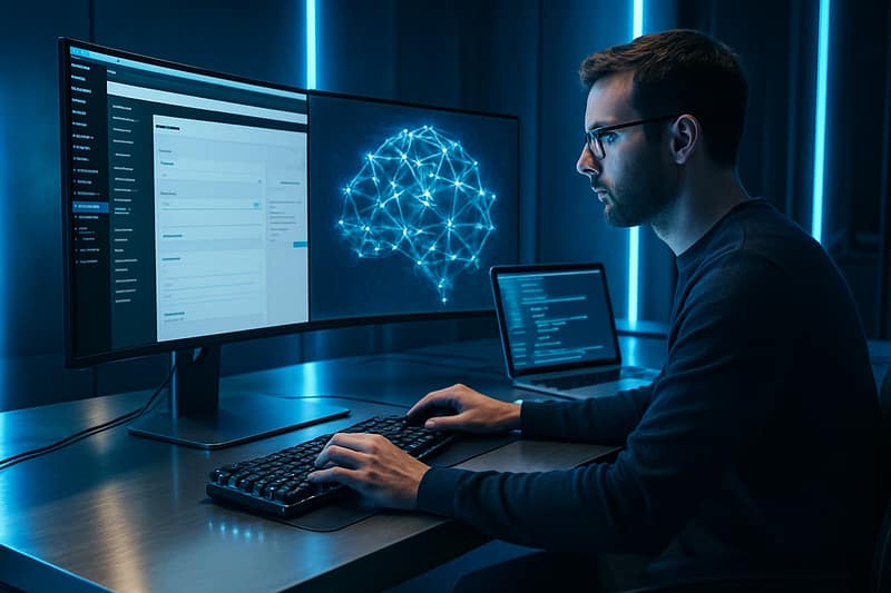 IA générative et rédacteurs web WordPress dans un bureau high-tech éclairage LED bleu