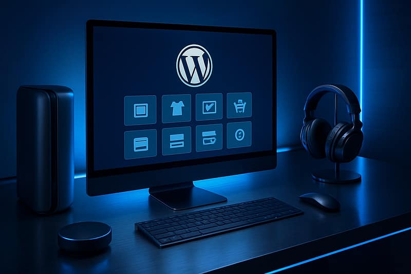 Interface WooCommerce sous le thème Blocksy dans un environnement high-tech LED bleu